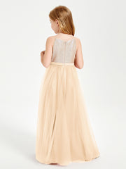 Robe Longue de Demoiselle d'Honneur Junior avec Haut en Paillettes et Jupe en Tulle Pêche