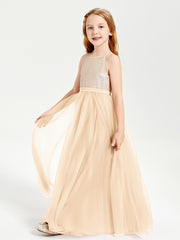 Robe Longue de Demoiselle d'Honneur Junior avec Haut en Paillettes et Jupe en Tulle Pêche