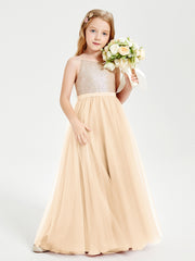 Robe Longue de Demoiselle d'Honneur Junior avec Haut en Paillettes et Jupe en Tulle Pêche