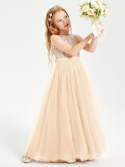 Robe Longue de Demoiselle d'Honneur Junior avec Haut en Paillettes et Jupe en Tulle Pêche