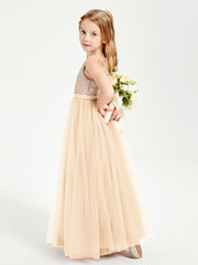 Robe Longue de Demoiselle d'Honneur Junior avec Haut en Paillettes et Jupe en Tulle Pêche