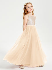 Robe Longue de Demoiselle d'Honneur Junior avec Haut en Paillettes et Jupe en Tulle Pêche