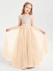 Robe Longue de Demoiselle d'Honneur Junior avec Haut en Paillettes et Jupe en Tulle Pêche