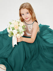 Robe Longue de Demoiselle d'Honneur Junior avec Haut en Paillettes et Jupe en Tulle Paon