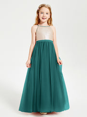 Robe Longue de Demoiselle d'Honneur Junior avec Haut en Paillettes et Jupe en Tulle Paon