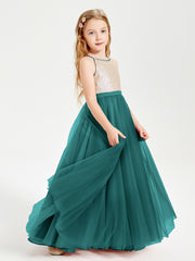 Robe Longue de Demoiselle d'Honneur Junior avec Haut en Paillettes et Jupe en Tulle Paon