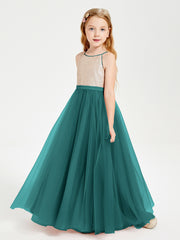Robe Longue de Demoiselle d'Honneur Junior avec Haut en Paillettes et Jupe en Tulle Paon