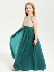 Robe Longue de Demoiselle d'Honneur Junior avec Haut en Paillettes et Jupe en Tulle Paon