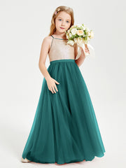 Robe Longue de Demoiselle d'Honneur Junior avec Haut en Paillettes et Jupe en Tulle Paon