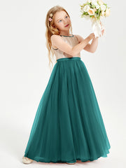 Robe Longue de Demoiselle d'Honneur Junior avec Haut en Paillettes et Jupe en Tulle Paon