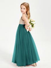 Robe Longue de Demoiselle d'Honneur Junior avec Haut en Paillettes et Jupe en Tulle Paon