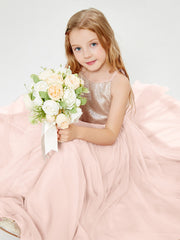 Robe Longue de Demoiselle d'Honneur Junior avec Haut en Paillettes et Jupe en Tulle Rose Perle