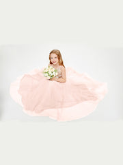 Robe Longue de Demoiselle d'Honneur Junior avec Haut en Paillettes et Jupe en Tulle Rose Perle