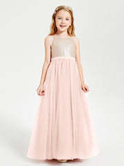 Robe Longue de Demoiselle d'Honneur Junior avec Haut en Paillettes et Jupe en Tulle Rose Perle
