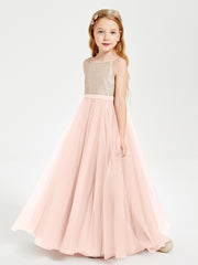Robe Longue de Demoiselle d'Honneur Junior avec Haut en Paillettes et Jupe en Tulle Rose Perle