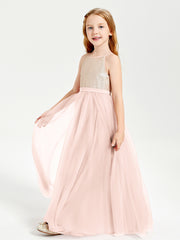 Robe Longue de Demoiselle d'Honneur Junior avec Haut en Paillettes et Jupe en Tulle Rose Perle