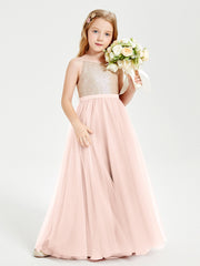 Robe Longue de Demoiselle d'Honneur Junior avec Haut en Paillettes et Jupe en Tulle Rose Perle