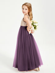 Robe Longue de Demoiselle d'Honneur Junior avec Haut en Paillettes et Jupe en Tulle Plum