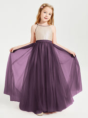 Robe Longue de Demoiselle d'Honneur Junior avec Haut en Paillettes et Jupe en Tulle Plum
