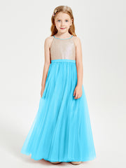 Robe Longue de Demoiselle d'Honneur Junior avec Haut en Paillettes et Jupe en Tulle Piscine
