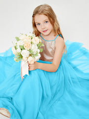 Robe Longue de Demoiselle d'Honneur Junior avec Haut en Paillettes et Jupe en Tulle Piscine