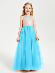 Robe Longue de Demoiselle d'Honneur Junior avec Haut en Paillettes et Jupe en Tulle Piscine