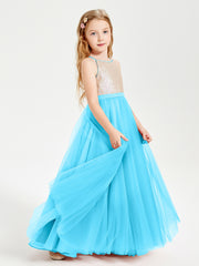 Robe Longue de Demoiselle d'Honneur Junior avec Haut en Paillettes et Jupe en Tulle Piscine