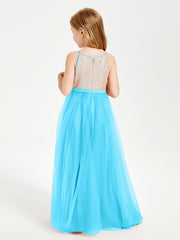 Robe Longue de Demoiselle d'Honneur Junior avec Haut en Paillettes et Jupe en Tulle Piscine