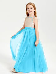 Robe Longue de Demoiselle d'Honneur Junior avec Haut en Paillettes et Jupe en Tulle Piscine