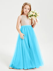 Robe Longue de Demoiselle d'Honneur Junior avec Haut en Paillettes et Jupe en Tulle Piscine