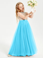 Robe Longue de Demoiselle d'Honneur Junior avec Haut en Paillettes et Jupe en Tulle Piscine