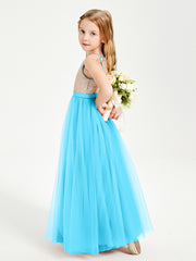 Robe Longue de Demoiselle d'Honneur Junior avec Haut en Paillettes et Jupe en Tulle Piscine