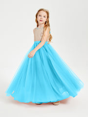 Robe Longue de Demoiselle d'Honneur Junior avec Haut en Paillettes et Jupe en Tulle Piscine