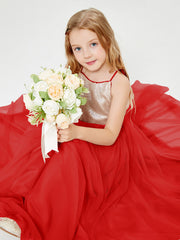 Robe Longue de Demoiselle d'Honneur Junior avec Haut en Paillettes et Jupe en Tulle Rouge