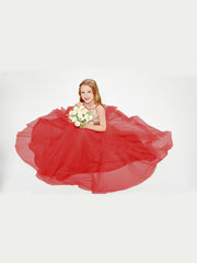 Robe Longue de Demoiselle d'Honneur Junior avec Haut en Paillettes et Jupe en Tulle Rouge