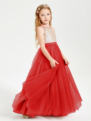 Robe Longue de Demoiselle d'Honneur Junior avec Haut en Paillettes et Jupe en Tulle Rouge