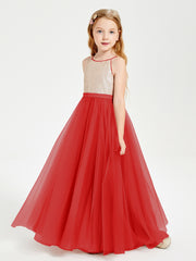Robe Longue de Demoiselle d'Honneur Junior avec Haut en Paillettes et Jupe en Tulle Rouge