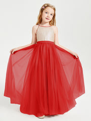 Robe Longue de Demoiselle d'Honneur Junior avec Haut en Paillettes et Jupe en Tulle Rouge