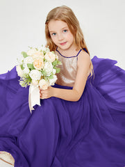 Robe Longue de Demoiselle d'Honneur Junior avec Haut en Paillettes et Jupe en Tulle Régence
