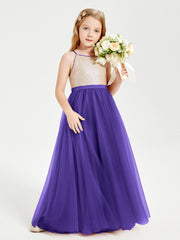 Robe Longue de Demoiselle d'Honneur Junior avec Haut en Paillettes et Jupe en Tulle Régence