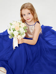 Robe Longue de Demoiselle d'Honneur Junior avec Haut en Paillettes et Jupe en Tulle Bleu Royale