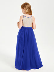 Robe Longue de Demoiselle d'Honneur Junior avec Haut en Paillettes et Jupe en Tulle Bleu Royale