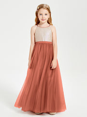 Robe Longue de Demoiselle d'Honneur Junior avec Haut en Paillettes et Jupe en Tulle Rouille