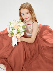 Robe Longue de Demoiselle d'Honneur Junior avec Haut en Paillettes et Jupe en Tulle Rouille