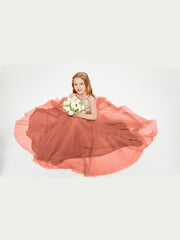 Robe Longue de Demoiselle d'Honneur Junior avec Haut en Paillettes et Jupe en Tulle Rouille