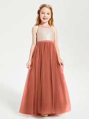 Robe Longue de Demoiselle d'Honneur Junior avec Haut en Paillettes et Jupe en Tulle Rouille