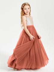 Robe Longue de Demoiselle d'Honneur Junior avec Haut en Paillettes et Jupe en Tulle Rouille