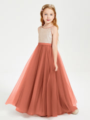 Robe Longue de Demoiselle d'Honneur Junior avec Haut en Paillettes et Jupe en Tulle Rouille
