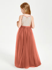 Robe Longue de Demoiselle d'Honneur Junior avec Haut en Paillettes et Jupe en Tulle Rouille