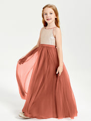Robe Longue de Demoiselle d'Honneur Junior avec Haut en Paillettes et Jupe en Tulle Rouille